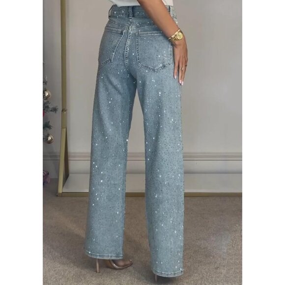 Womens Rhinestone Jeans Baggy High Waisted Sparkly Denim Pants Y2K Streetwear - Picture 6 of 6